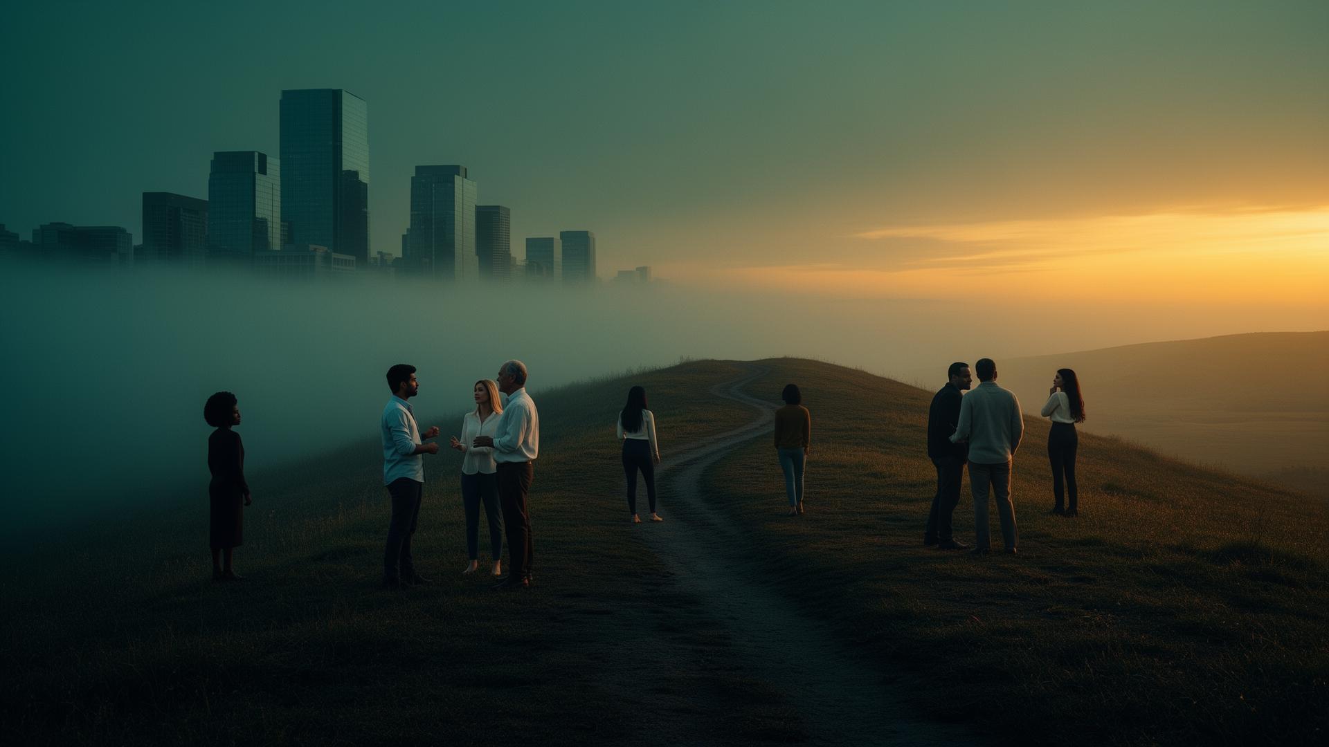 Am I a startup — diverse founders on a misty hillside facing corporate towers and open landscape