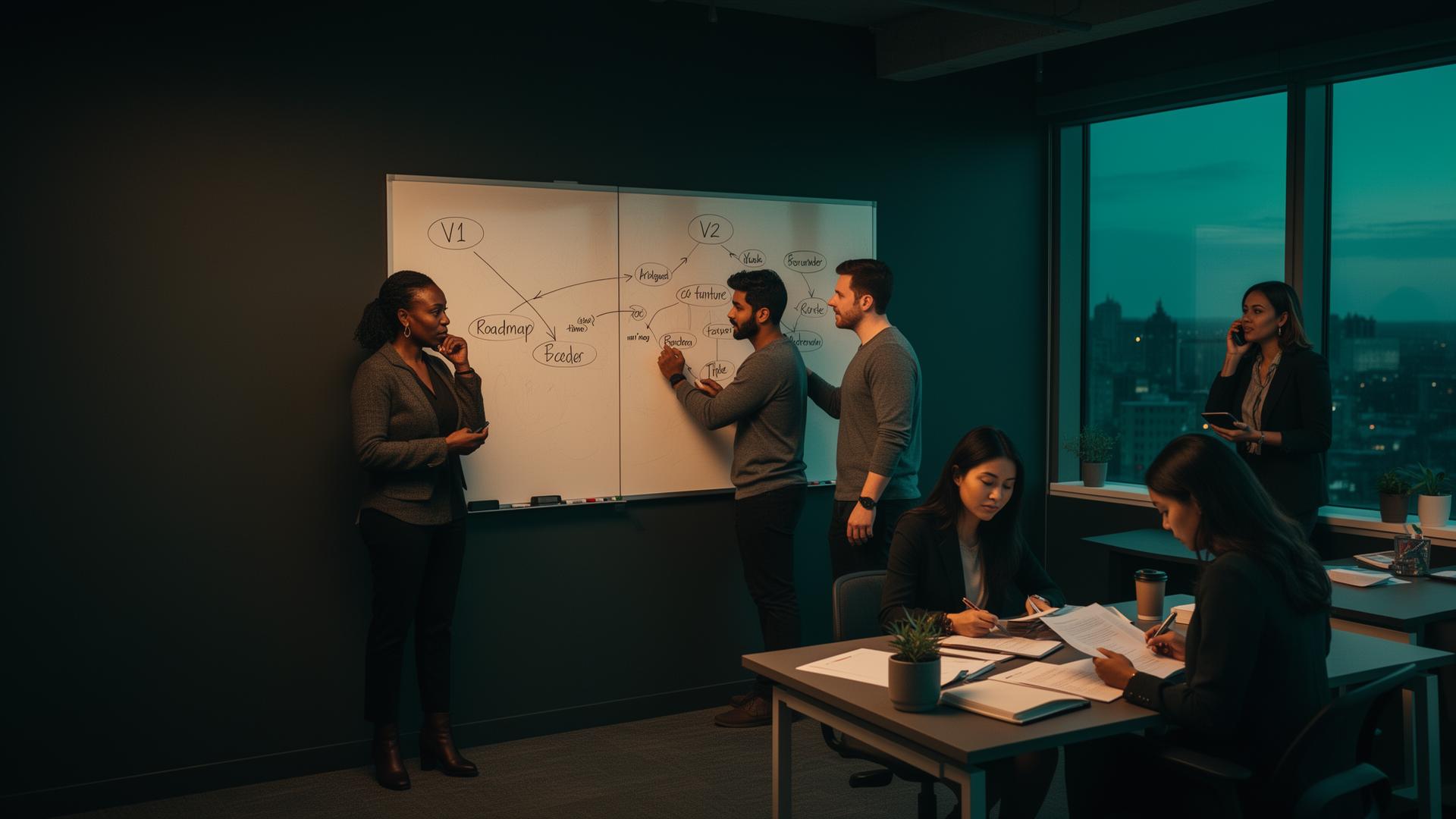 Diverse mid-career founders at a V1/V2 whiteboard — solo and collaborating