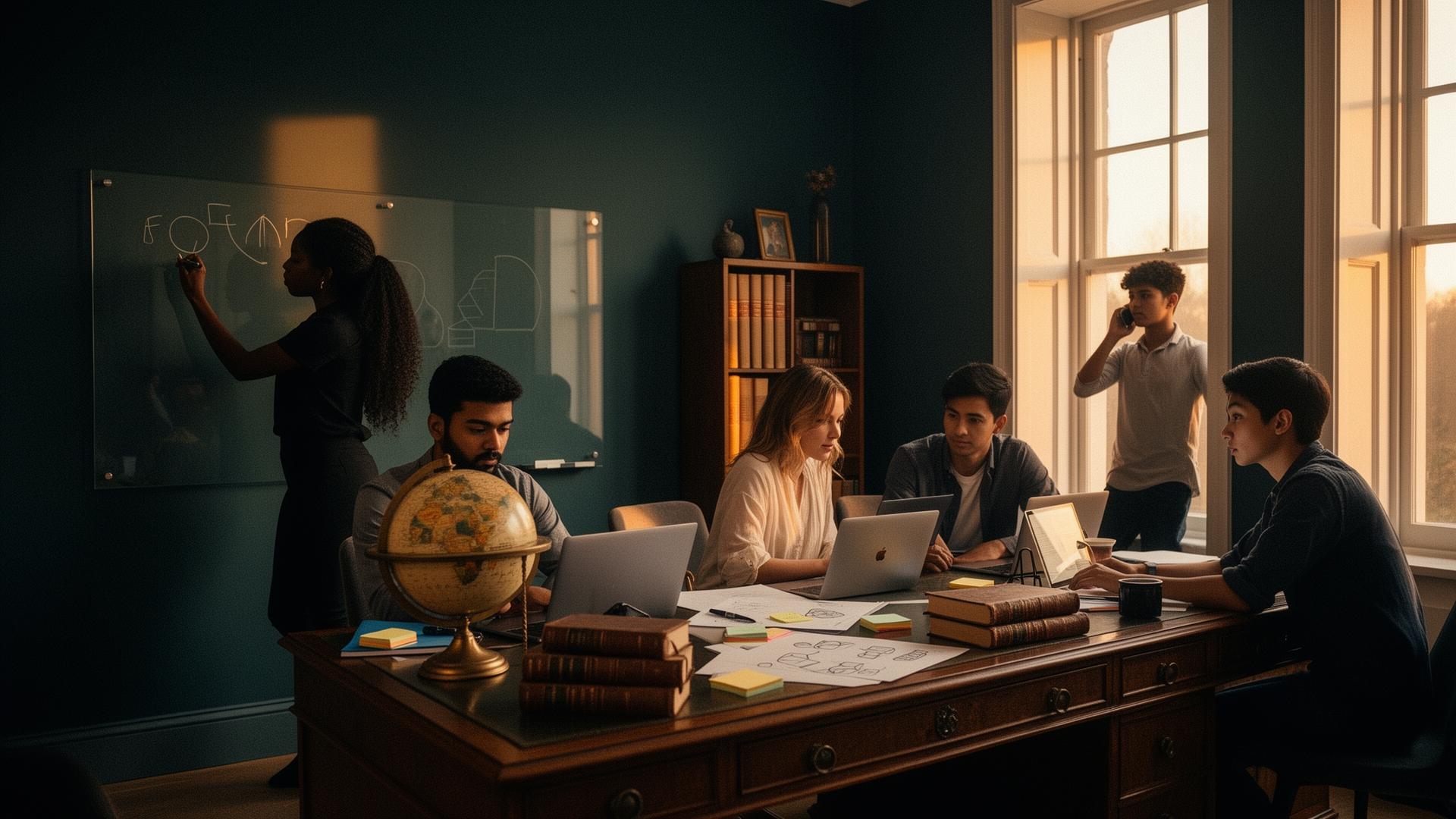 Diverse young first-time founders in a lived-in study at golden hour — inherited heirlooms beside laptops and product sketches