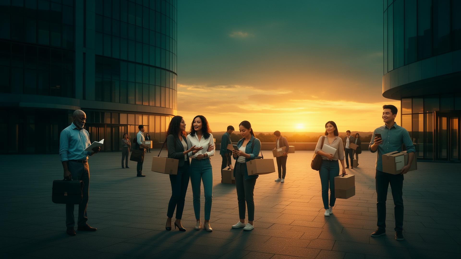 Diverse professionals with boxes outside an office at sunrise — end of one chapter, start of another