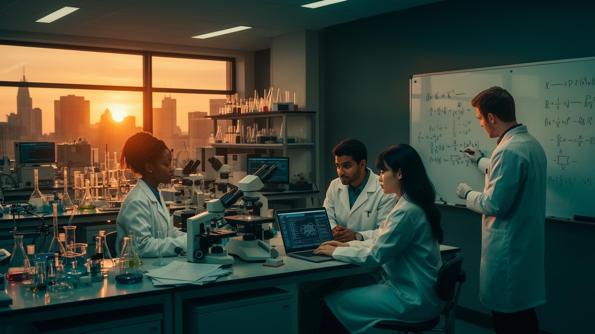Diverse researchers in a UK university lab at golden hour — solo and collaborating