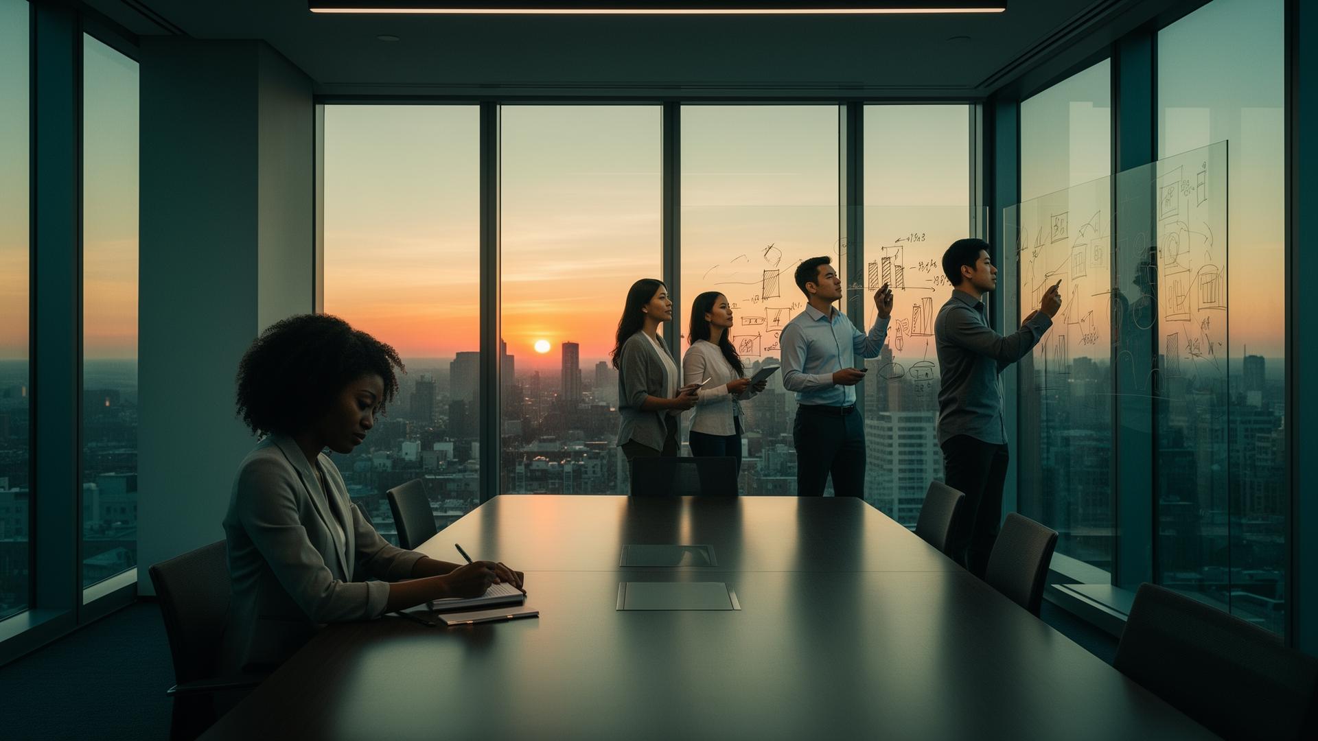 Diverse sales professionals in an empty boardroom at dawn — solo and co-founder pairs