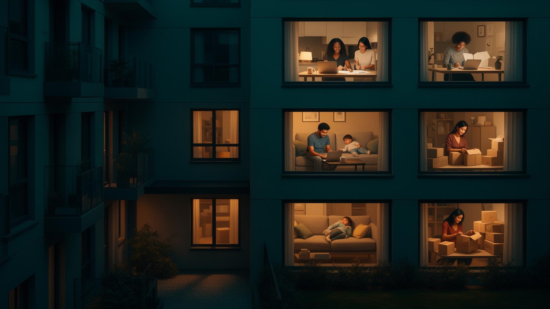 Apartment building at night, diverse households working on side hustles in lit windows