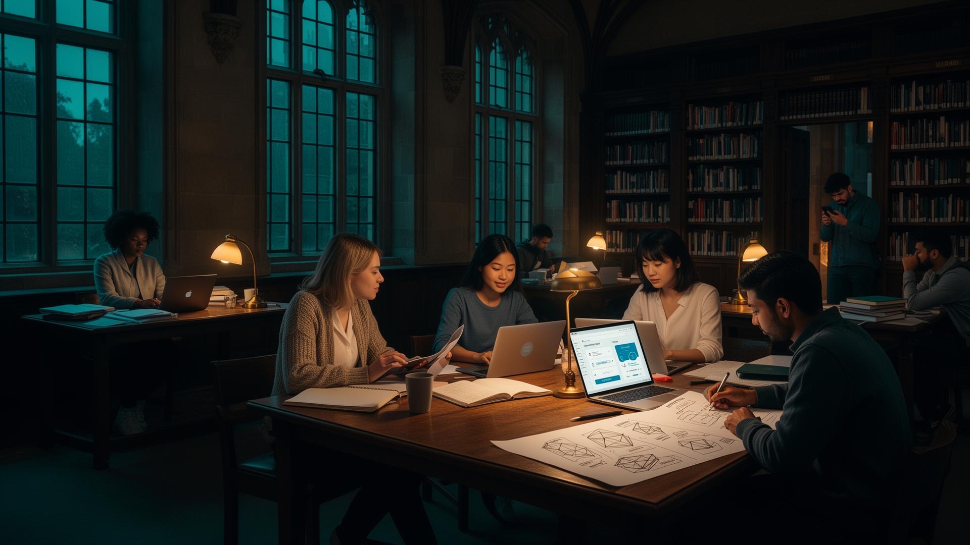 Diverse students in a UK university library at night — solo and collaborating