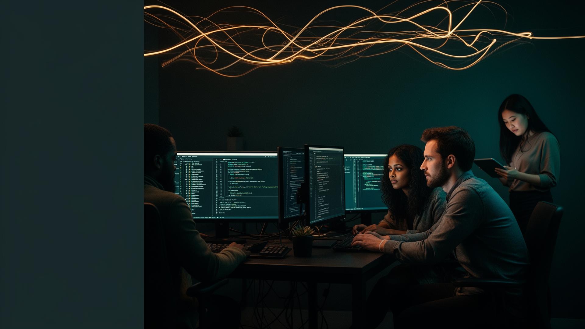 Diverse developers at workstations with overhead light trails — solo and pair-programming